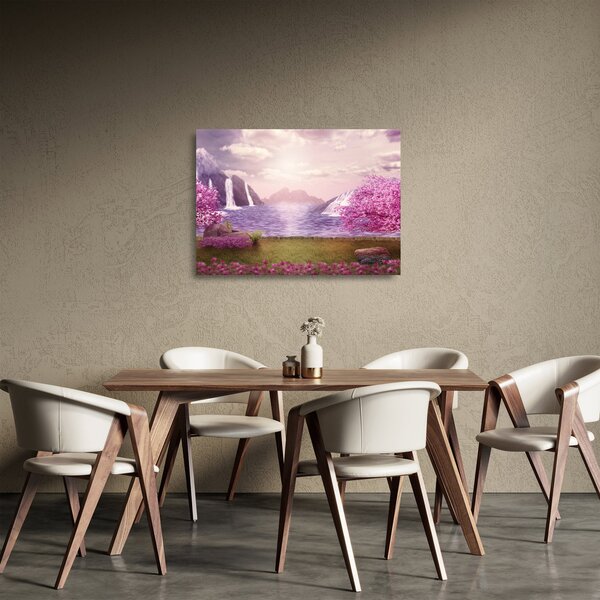 Obraz na szkle - różowe drzewa z jeziorem (70x50 cm)