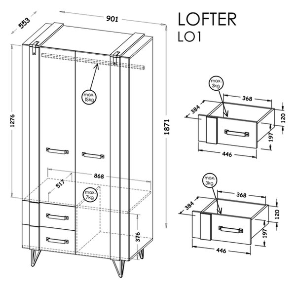 Szafa 90 cm do sypialni Lofter LO1 Beton Dąb Wotan