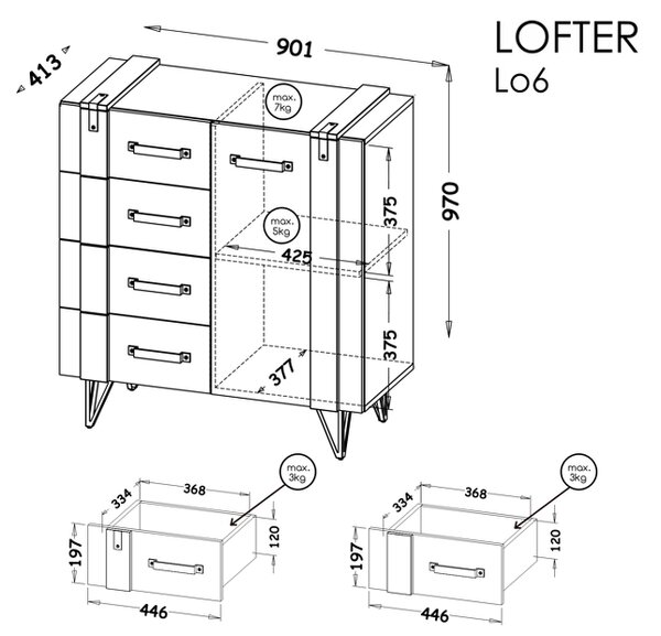 Komoda do salonu i sypialni 90 cm Lofter LO6 Beton Millenium Dąb Wotan