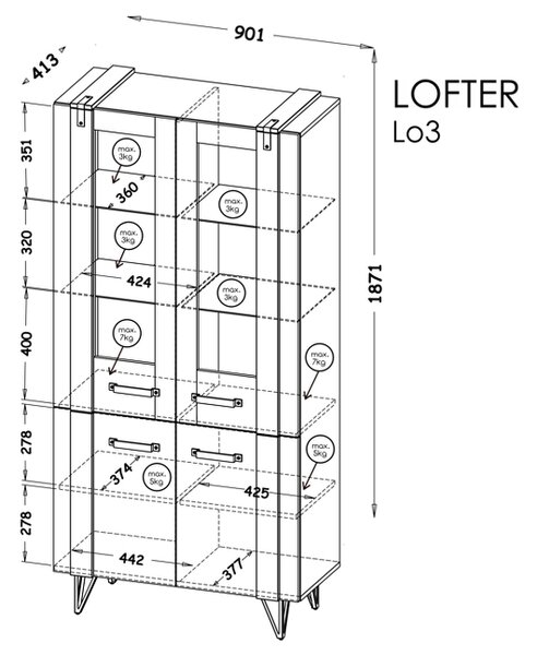 Witryna 90 cm z przeszkleniem do salonu Lofter L03 Beton Millenium Dąb Wotan