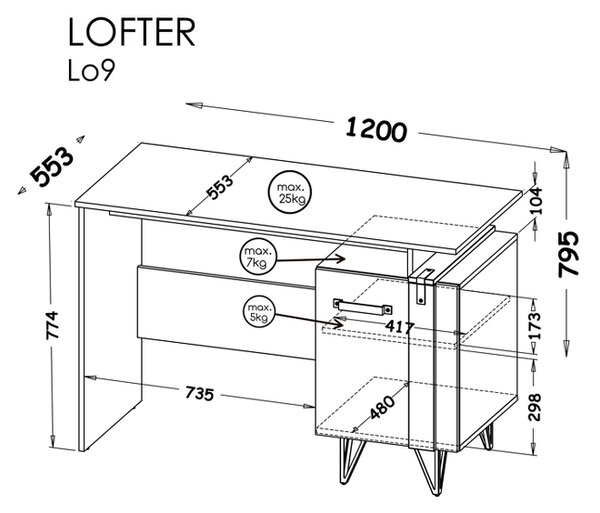 Biurko pod komputer z szafką 120 cm Lofter LO9 Beton Millenium Dąb Wotan