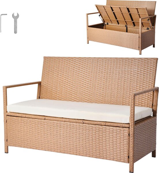 Awka ogrodowa VEVOR ze schowkiem, 2-osobowa skrzynia z siedziskiem z rattanu PE, awka skrzyniowa z poduszkami, siedzisko do 120 kg, siedzisko ogrodowe i dekoracja werandy na patio, ogród, balkon, 121x59x81,5cm