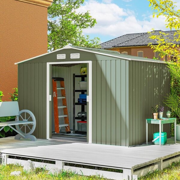 Domek ogrodowy Outsunny 4,9 m², z dachem dwuspadowym, drzwiami przesuwnymi, fundamentem, 277 x 195 x 192 cm, ocynkowany stalowy domek narzdziowy, odporny na warunki atmosferyczne, do ogrodu, jasnozielony