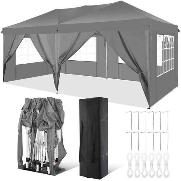 Pawilony i namioty imprezowe 3x6 m, skadany namiot ogrodowy na taras ogrodowy, wodoodporny i chronicy przed promieniowaniem UV, z 4 panelami bocznymi i 2 wejciami, 12 koków i 4 liny oraz 1 torba transportowa, czarny