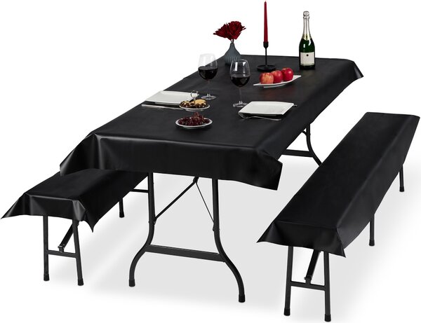 6 sztuk pokrowców na meble piwne, 2 obrusy na stoy piwne 250 x 100 cm, 4 pokrowce na awki piwne 250 x 55 cm, zmywalne, czarne