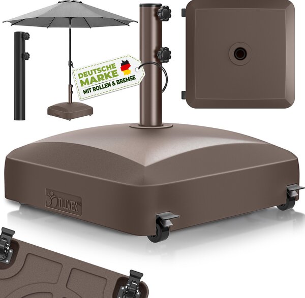 Tillvex® Podstawa parasola PAVERA z kókami i hamulcami Brzowa | Podstawa parasola z moliwoci napenienia 37 litrów / 56 kg | Waga parasola Parasol ogrodowy i parasol targowy Ø 1,8-3,7 m | Podstawa parasola wiszcego odporna na warunki atmosferyczne
