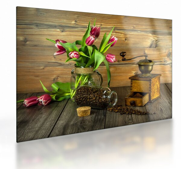 Obraz na szkle - tulipany, młynek i kawa (70x50 cm)