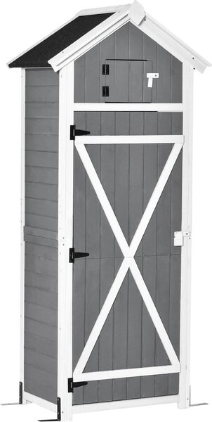 Drewniana szafka ogrodowa Outsunny, odporna na warunki atmosferyczne, 78x52,5x182 cm, domek narzdziowy z dachem dwuspadowym, drzwi, domek ogrodowy ze skadanym stoem, haczyki, szafka narzdziowa na patio, do ogrodu, szara