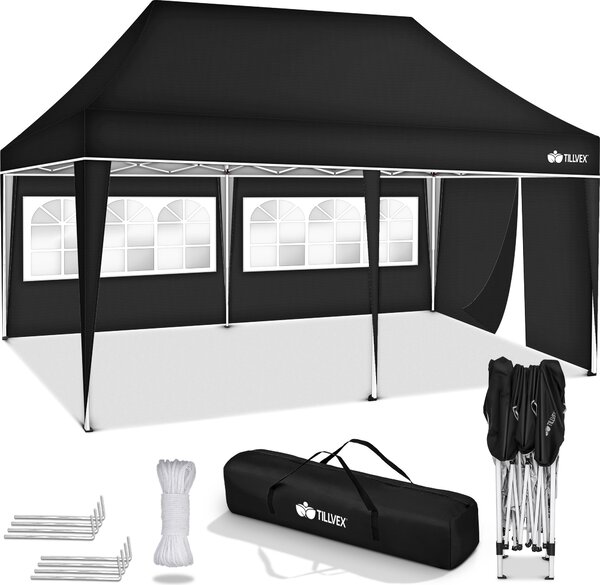 Altana tillvex 3x6m - z 3 cianami bocznymi czarna wodoodporna | skadana altana pop-up z regulacj wysokoci | namiot ogrodowy ochrona UV 50+ | namiot imprezowy z torb do ogrodu