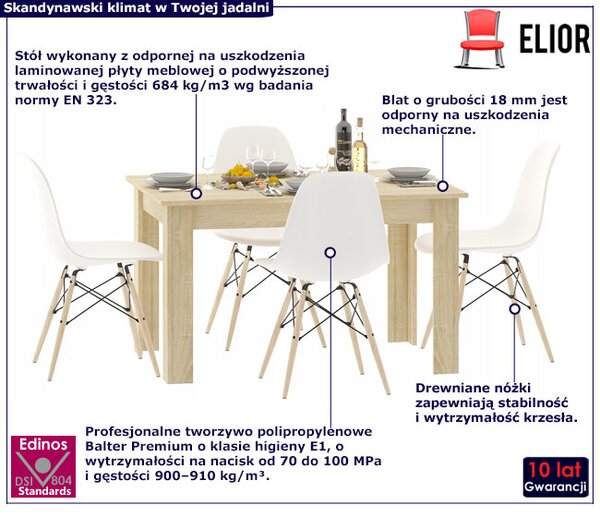 Prostokątny stół dąb sonoma + 4 białe krzesła F5-R31
