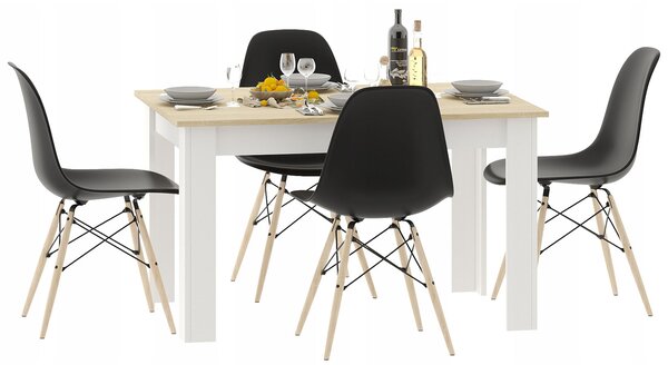 Skandynawski stół biały + dąb sonoma i cztery czarne krzesła - Etos