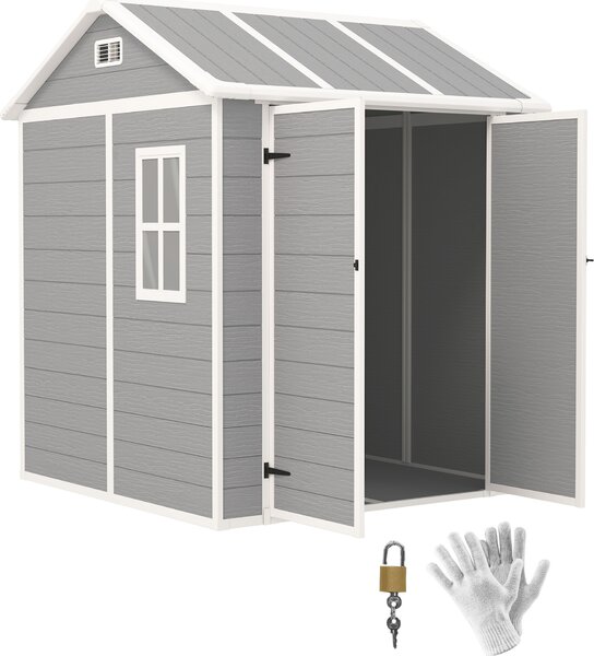 Domek narzdziowy Outsunny 2,91 m², 181 x 181 x 220 cm, dach dwuspadowy, zamykane drzwi, odporny na warunki atmosferyczne, plastikowy domek ogrodowy z oknem, do ogrodu, na zewntrz, szary