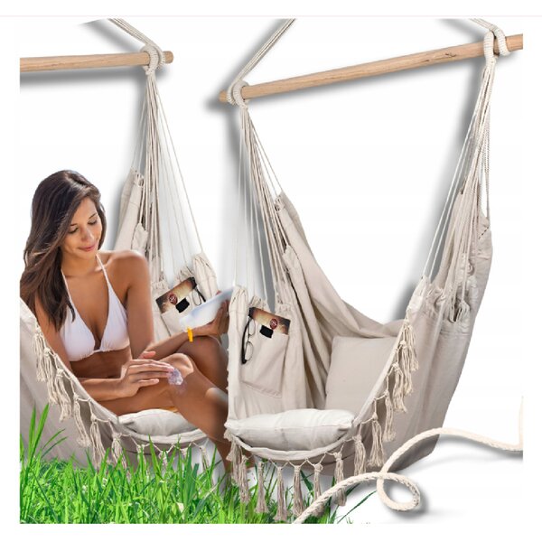 QLS Fotel wiszcy w stylu boho 130x100 cm z 2 poduszkami Fotel wiszcy do 200 kg beowy 11283