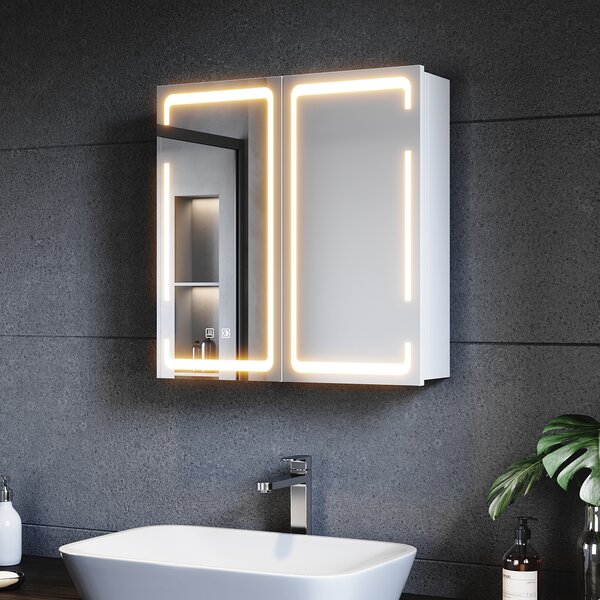 SONNI Metalowa szafka lustrzana z owietleniem LED 59x60x14 cm, ciemnialny przecznik dwudotykowy, 2 drzwi, Bezprzewodowa konstrukcja zawiasów, Szafka cienna, Szafka azienkowa