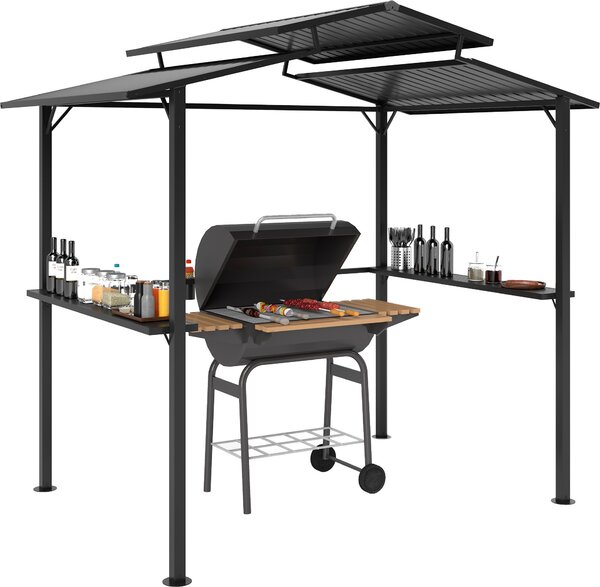Pawilon ogrodowy Outsunny BBQ 250 x 160 x 250 cm Wodoodporny pawilon ogrodowy z dwuwarstwowym dachem, pókami bocznymi, altanami ogrodowymi z ochron UV, pawilon BBQ, namiot ogrodowy, namiot do grilla na ogrodowe przyjcie BBQ, czarny