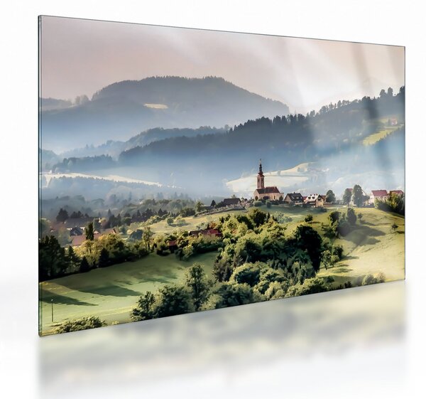 Obraz na szkle - wieś we mgle (70x50 cm)