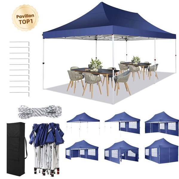 Pawilon 3x6m, namiot ogrodowy skadany, wodoodporny, ochrona UV, z 4 panelami bocznymi i 2 wejciami, 12 koków i 4 liny i 1 torba do przenoszenia, na taras ogrodowy, niebieska