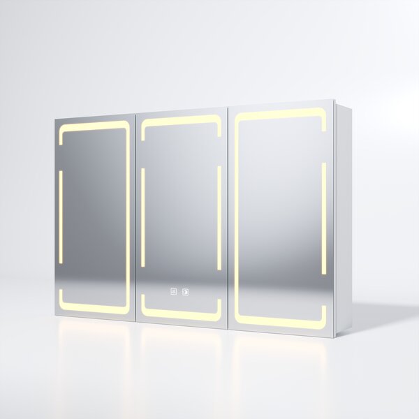 Trzydrzwiowa szafka z lustrem SONNI wykonana z metalu, 900x600x140 mm, z 3-kolorowym regulowanym owietleniem LED, podwójnymi przecznikami dotykowymi, regulowanymi szklanymi przegrodami