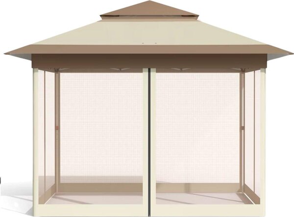 Pop-up pawilon ogrodowy 3,3 x 3,3 m – skadany pawilon z moskitierami – odporny na promieniowanie UV i deszcz – podwójny dach – regulowana wysoko – kolor khaki