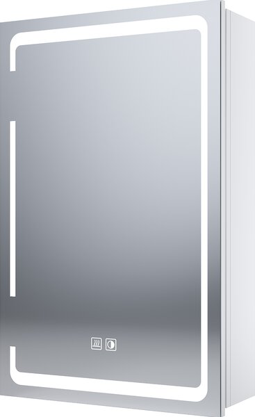 Jednodrzwiowa szafka z lustrem SONNI wykonana z metalu, 380x600x140 mm, ze ciemnianym owietleniem LED, podwójnymi przecznikami dotykowymi, zintegrowanym gniazdem golarki, do montau na cianie