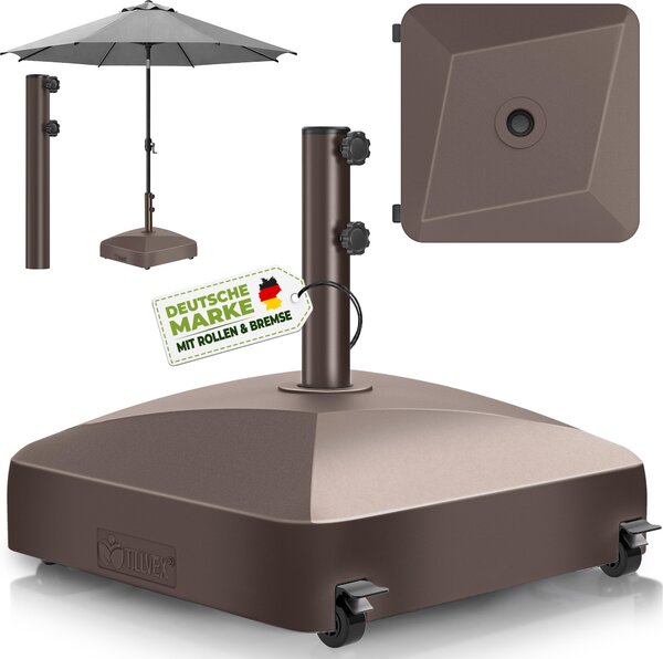 Tillvex® Podstawa parasola GRAVIA z kókami i hamulcami Brzowa | Podstawa parasola z moliwoci napenienia 37 litrów / 56 kg | Waga parasola Parasol ogrodowy i parasol targowy Ø 1,8-3,7 m | Podstawa parasola wiszcego odporna na warunki atmosferyczne