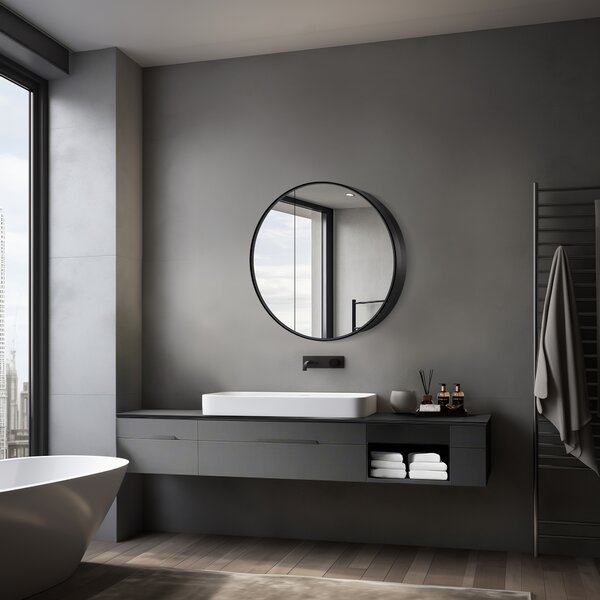 Szafka lustrzana z o?wietleniem Talos Black Nova Ø80 cm czarna - szafka ?azienkowa z lustrem z 2 pó?kami - aluminium - lustrzana tylna ?ciana