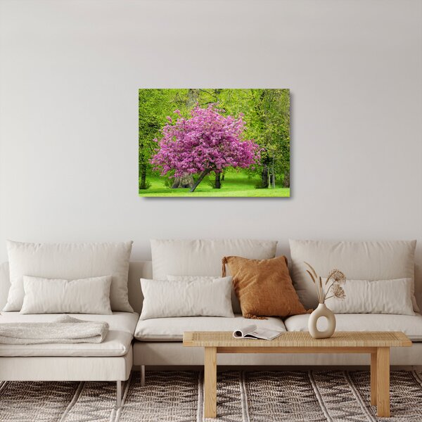 Obraz na szkle - kwitnące drzewo na łące (70x50 cm)