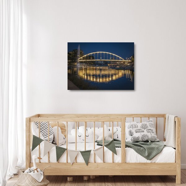 Obraz na szkle - most z fontanną (70x50 cm)