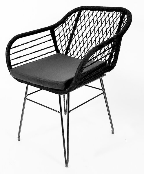 Krzeso do jadalni Kobolo - wygld retro czarny - czarny metal i lina - w tym podokietniki z poduszkami - krzesa do jadalni krzesa kuchenne krzeso tapicerowane fotel deco
