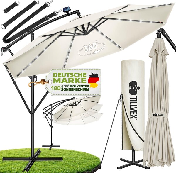 Tillvex aluminiowy parasol wspornikowy beowy LED solar Ø 300 cm z korb | parasol z wcznikiem/wycznikiem | parasol ogrodowy ochrona UV aluminium | parasol na korb ze stojakiem parasol rynkowy wodoodporny