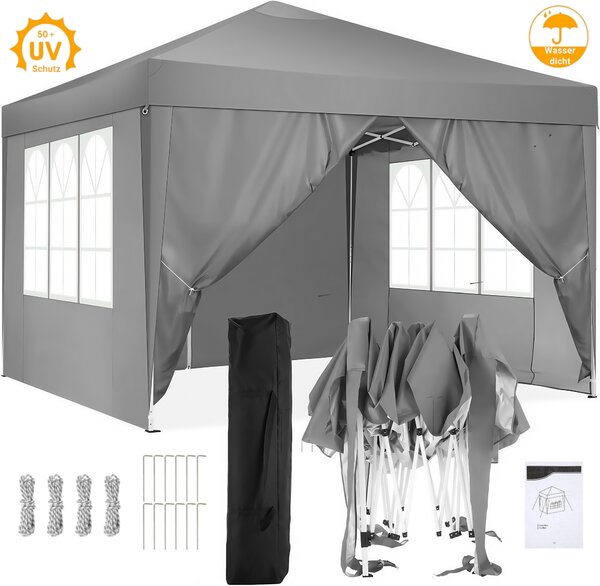 Skadany pawilon 3x3m Pop Up Skadany pawilon z 4 cianami bocznymi, wodoodporny, ochrona UV 50+ namiot ogrodowy, namiot imprezowy, pawilon ogrodowy, z torb, szary