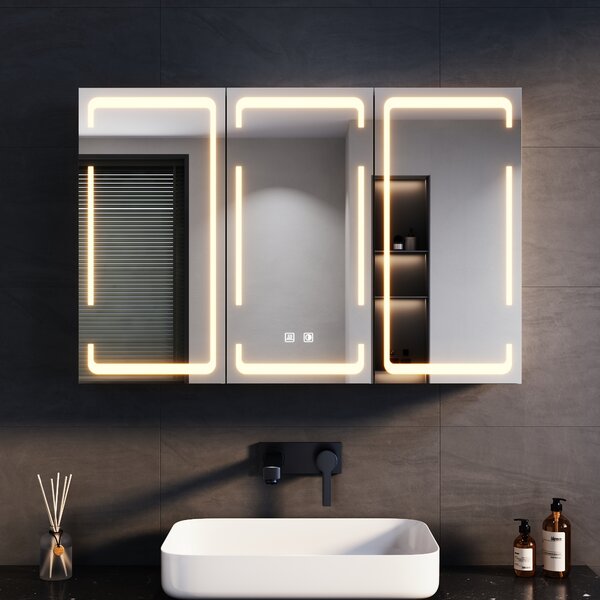 SONNI metalowa szafka lustrzana z 3-kolorowym owietleniem LED 90x60x14 cm, ciemnialny przecznik dwudotykowy, 3 drzwi, szafka cienna z zawiasami bezprzewodowymi