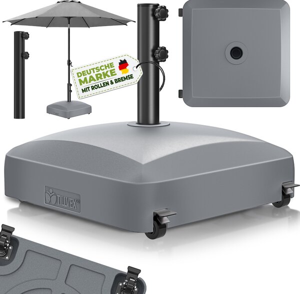 Tillvex® Podstawa parasola PAVERA z kókami i hamulcami, antracytowa | Podstawa parasola z moliwoci napeniania 37 litrów / 56 kg | Waga parasola i parasola ogrodowego Ø 1,8-3,7 m | Podstawa parasola wiszcego odporna na warunki atmosferyczne