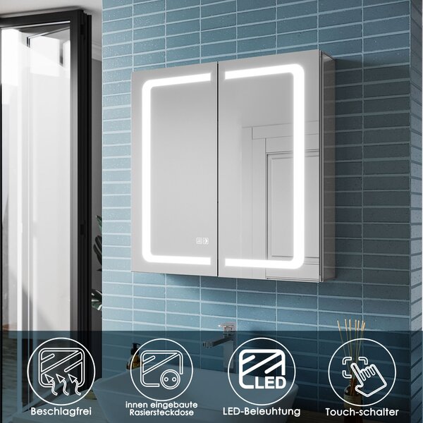 SONNI Aluminiowe lustro azienkowe 65x65cm z owietleniem LED Bezmgielne przeczanie dotykowe Gniazdo golarki Bezprzewodowy zawias