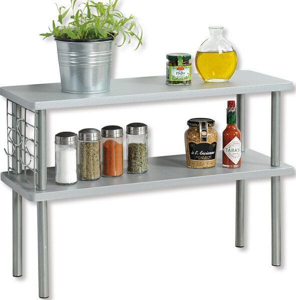 Póka kuchenna KESPER 2 poziomy szara - 55 x 20 x 38 cm - drewno - z siatk drucian i 3 haczykami - idealna na przyprawy i przybory kuchenne - model 27835