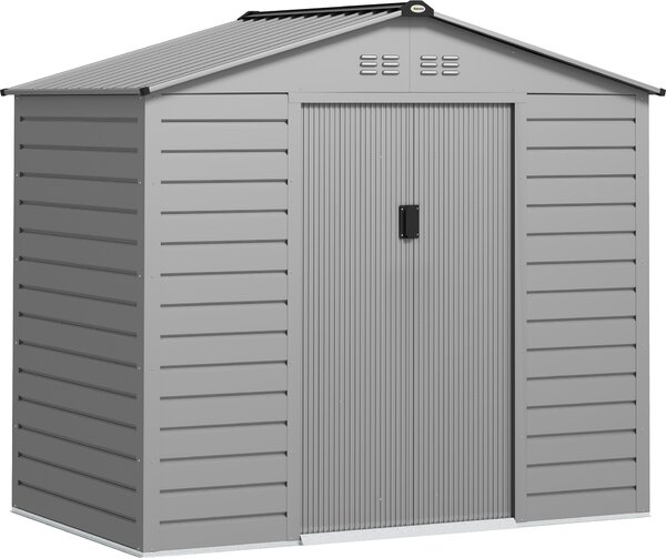 Domek ogrodowy Outsunny ze stali ocynkowanej, 2,43 m², 213 x 131 x 192 cm, atwy w montau, z dachem dwuspadowym, zamykanymi drzwiami przesuwnymi, odporny na warunki atmosferyczne, do uytku na zewntrz, szary
