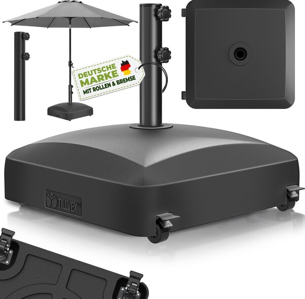 Tillvex® Podstawa parasola PAVERA z kókami i hamulcami, czarna | Podstawa parasola z moliwoci napenienia 37 litrów / 56 kg | Waga parasola i parasola ogrodowego Ø 1,8-3,7 m | Podstawa parasola wiszcego odporna na warunki atmosferyczne