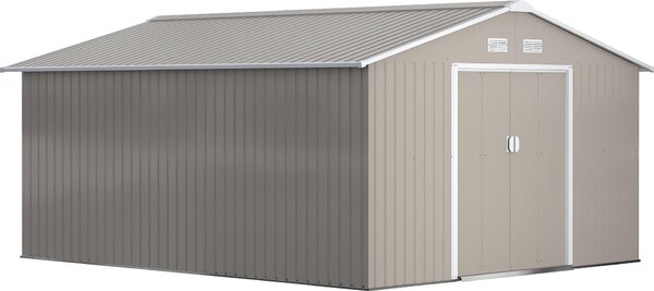 Domek ogrodowy Outsunny 12,4 m², z dachem dwuspadowym, drzwiami przesuwnymi, fundamentem, 386 x 340 x 200 cm, ocynkowany stalowy domek narzdziowy, odporny na warunki atmosferyczne, do ogrodu, jasnoszary