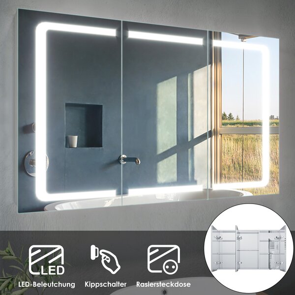 Szafka łazienkowa SONNI z oświetleniem LED, szafka łazienkowa ze stali nierdzewnej z gniazdkiem elektrycznym i przełącznikiem, 3-drzwiowa, 105 x 65 cm