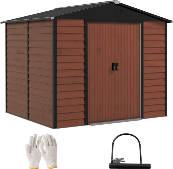Domek ogrodowy Outsunny 4,4 m², domek ogrodowy ze spadzistym dachem, drzwiami przesuwnymi, fundamentem, atwy monta, 240 x 206 x 198 cm, ocynkowana stalowa szopa narzdziowa, odporna na warunki atmosferyczne, do ogrodu, drewno tekowe