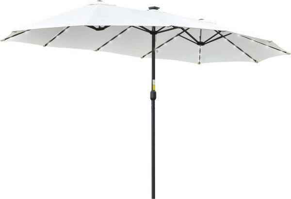 Podwójny parasol Outsunny z diodami LED solarnymi 450 x 265 cm, parasol z korb, owalny parasol balkonowy, parasol plaowy, wiatroodporny, stabilny parasol targowy, parasol z korb na balkon, taras, do ogrodu, kremowo-biay