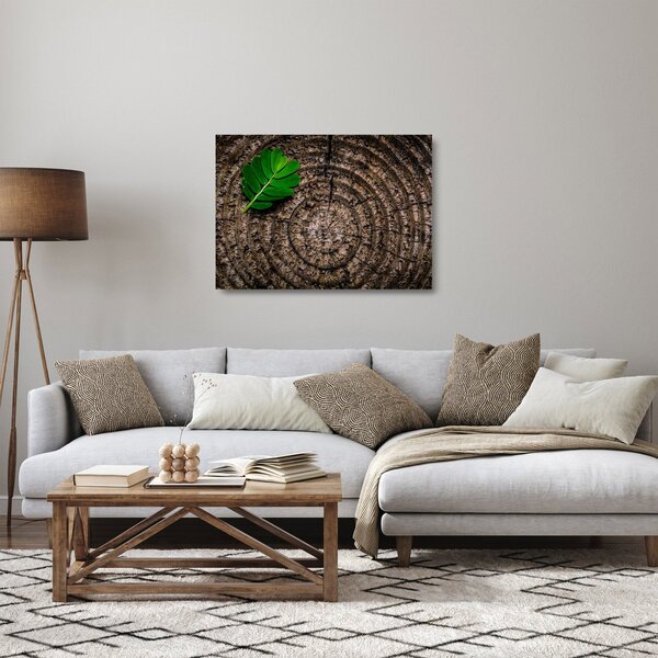 Obraz na szkle - liść na pniu drzewa (70x50 cm)