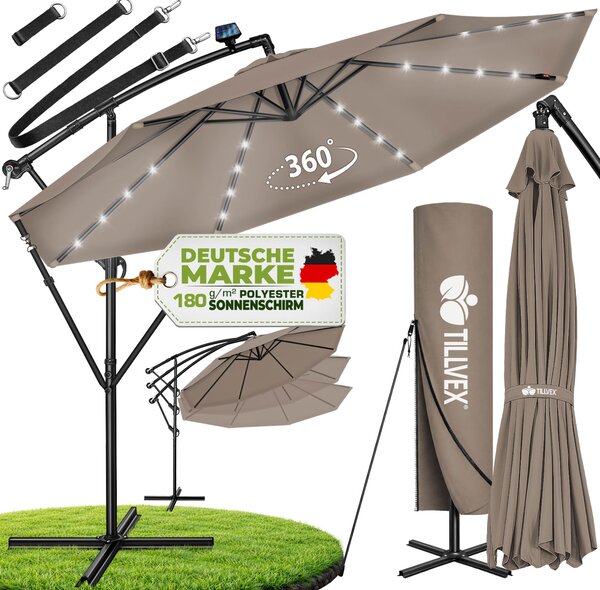 Tillvex Aluminiowy parasol soneczny Cappuccino LED Solar Ø 300 cm z korbk | Parasol z wcznikiem/wycznikiem | Parasol ogrodowy z ochron przed promieniowaniem UV, aluminiowy | Parasol z korbk i stojakiem, parasol targowy, wodoodporny