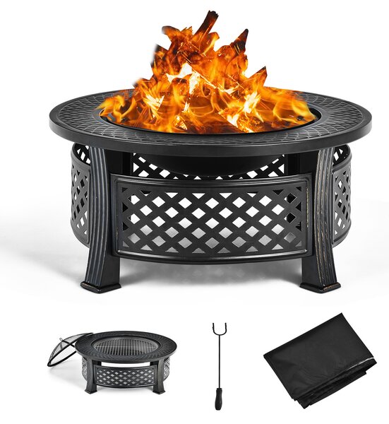 KOMFOTTEU miska paleniskowa, miska paleniskowa z pokryw zabezpieczajc i pogrzebaczem, metalowa miska grillowa 3 w 1, kosz paleniskowy do podgrzewania grilla 81 x 50 cm, czarny