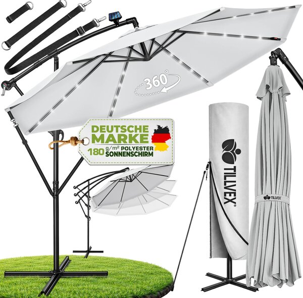 Tillvex aluminiowy parasol wspornikowy szary LED solar Ø 350 cm z korb | parasol z wcznikiem/wycznikiem | parasol ogrodowy ochrona UV aluminium | parasol na korb ze stojakiem parasol rynkowy wodoodporny
