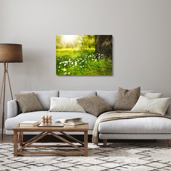 Obraz na szkle - polana i kwiaty (70x50 cm)