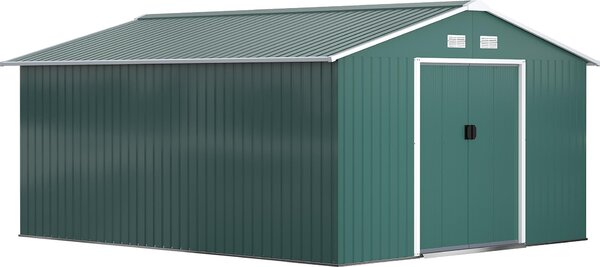 Domek ogrodowy Outsunny 12,4 m², z dachem dwuspadowym, drzwiami przesuwnymi, fundamentem, 386 x 340 x 200 cm, ocynkowany stalowy domek narzdziowy, odporny na warunki atmosferyczne, do ogrodu, ciemnozielony