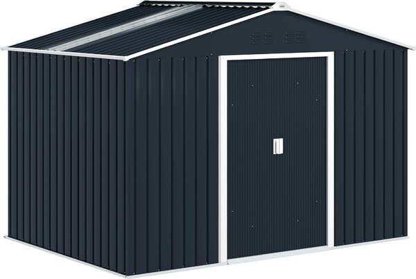 Domek ogrodowy Outsunny z metalu, 4,9 m², z dachem dwuspadowym, drzwiami przesuwnymi, fundamentem, 277 x 195 x 192 cm, ocynkowany, stalowy domek narzdziowy, odporny na warunki atmosferyczne, do ogrodu, ciemnoszary