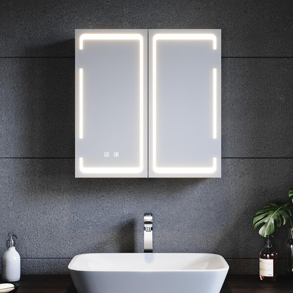 SONNI Metalowa szafka lustrzana z owietleniem LED 59x60x14 cm, ciemnialny przecznik dwudotykowy, 2 drzwi, bezprzewodowa konstrukcja zawiasów Szafka cienna, szafka azienkowa, gniazdo golarki, regulowane przegrody