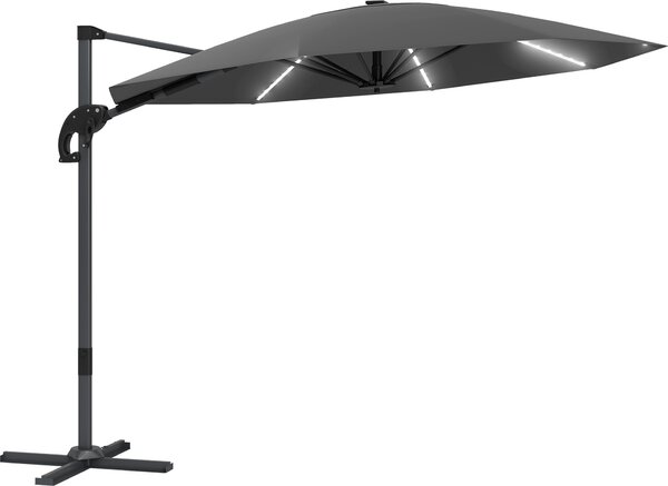 Outsunny aluminiowy parasol wysignikowy LED solarny Ø300 cm regulowany na wysoko parasol z korbk UV50+ wodoodporny 360° obrotowy parasol ogrodowy uchylny ochrona przeciwsoneczna do ogrodu balkon ciemnoszary
